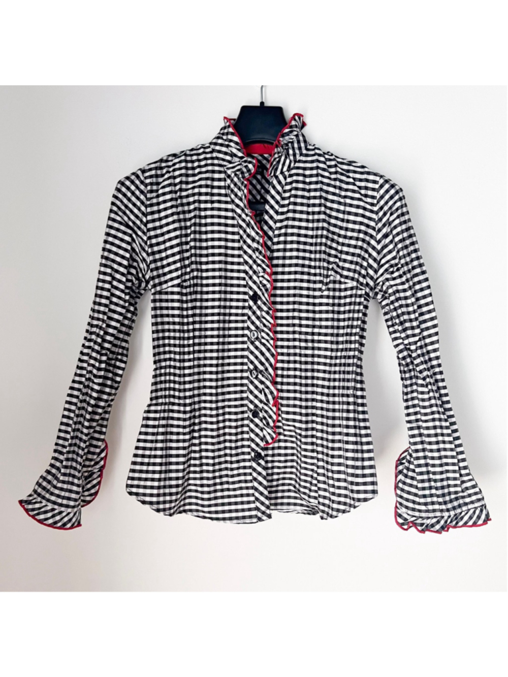 Beluva Pleated Crinkle Black White Check Button Up Shirt Sz S Easy Care Luxury